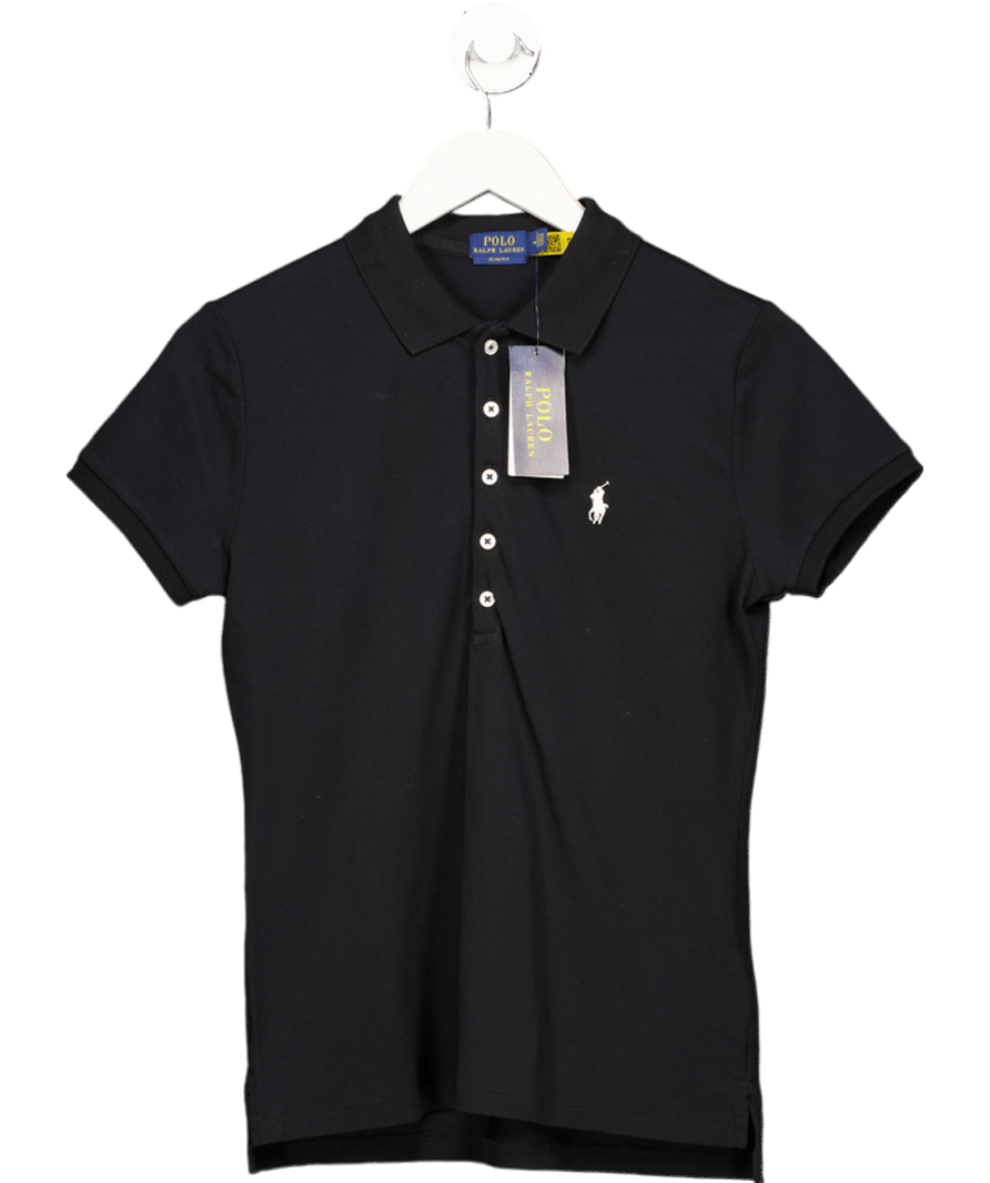 Polo Ralph Lauren Classic Black Slim Fit Polo Top With White Embroidered Pony Logo UK M - Reliked
