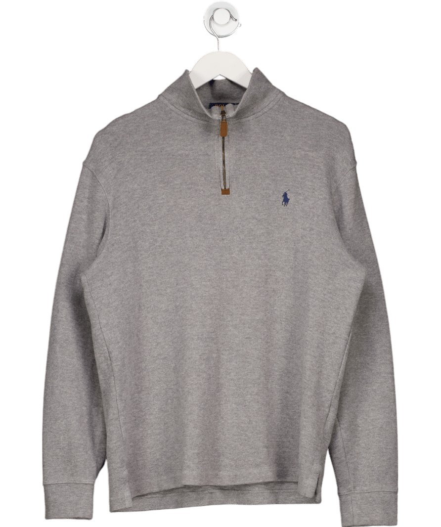 Polo Ralph Lauren Grey Ribbed Quarter Zip Cotton Long Sleeve Top UK M - Reliked