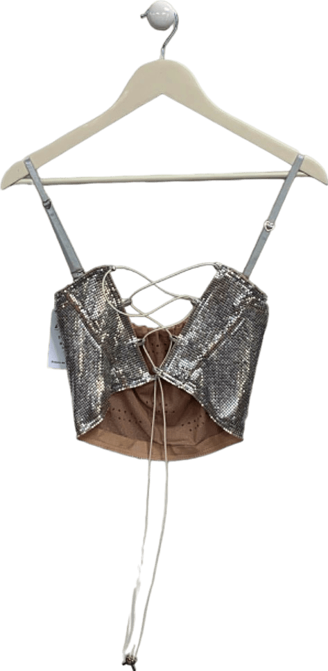 Poster Girl Silver Sequin Crop Top with Lace - up Back UK S - Reliked