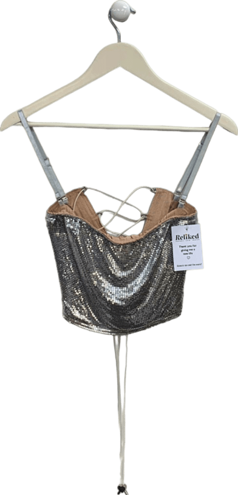 Poster Girl Silver Sequin Crop Top with Lace - up Back UK S - Reliked