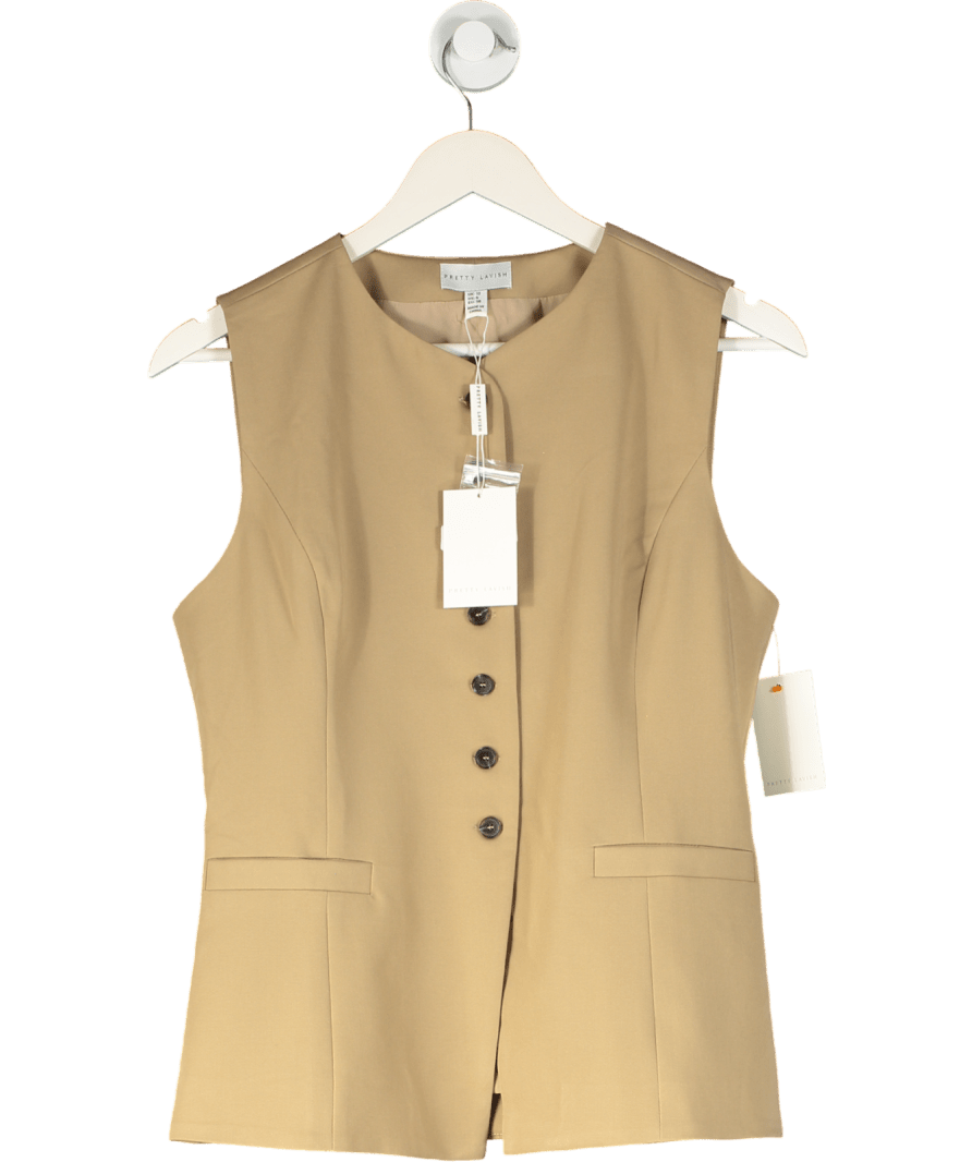 PRETTY LAVISH Beige Jean Buttoned Down Waistcoat Top UK 10 - Reliked