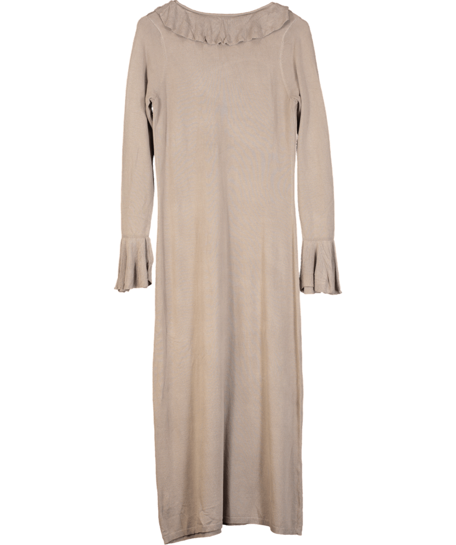 PRETTY LAVISH Beige Ruffle Front Knit Midaxi Dress UK M - Reliked