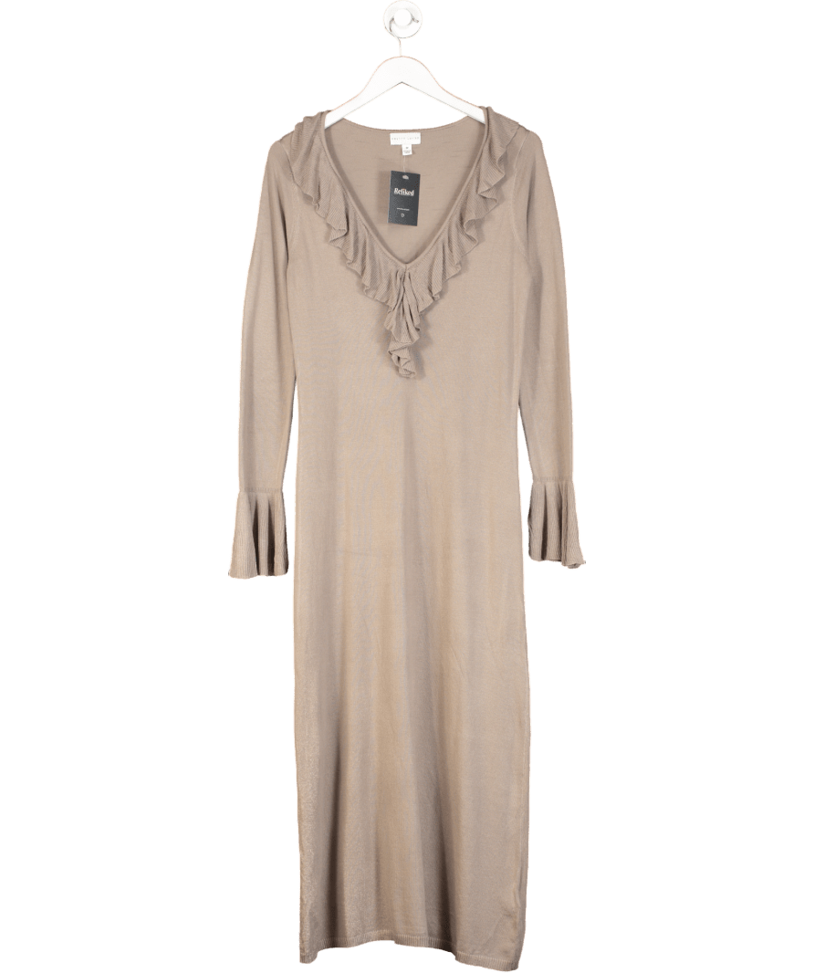 PRETTY LAVISH Beige Ruffle Front Knit Midaxi Dress UK M - Reliked