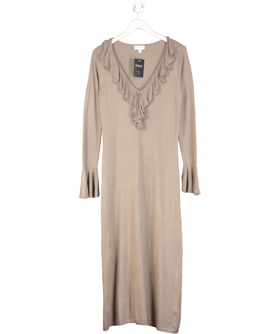 PRETTY LAVISH Beige Ruffle Front Knit Midaxi Dress UK M - Reliked