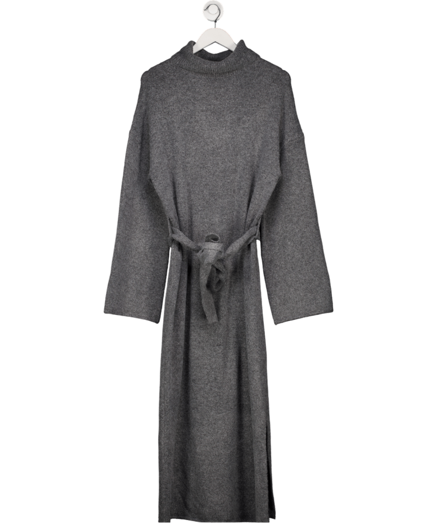 PRETTY LAVISH Grey Knitted High Neck Belted Maxi Dress In Charcoal UK M - Reliked