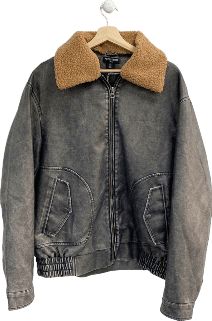 PrettyLittleThing Black Faux Leather Detachable Collar Bomber Jacket UK 12 - Reliked