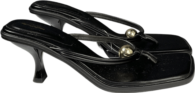 PrettyLittleThing Black Pu Square Toe Thong Gold Trim Mid Heeled Mules UK 7 EU 40 👠 - Reliked