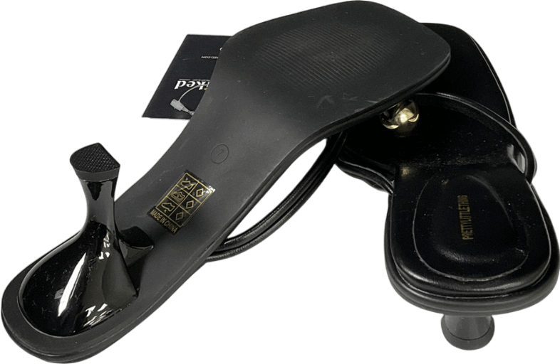 PrettyLittleThing Black Pu Square Toe Thong Gold Trim Mid Heeled Mules UK 7 EU 40 👠 - Reliked