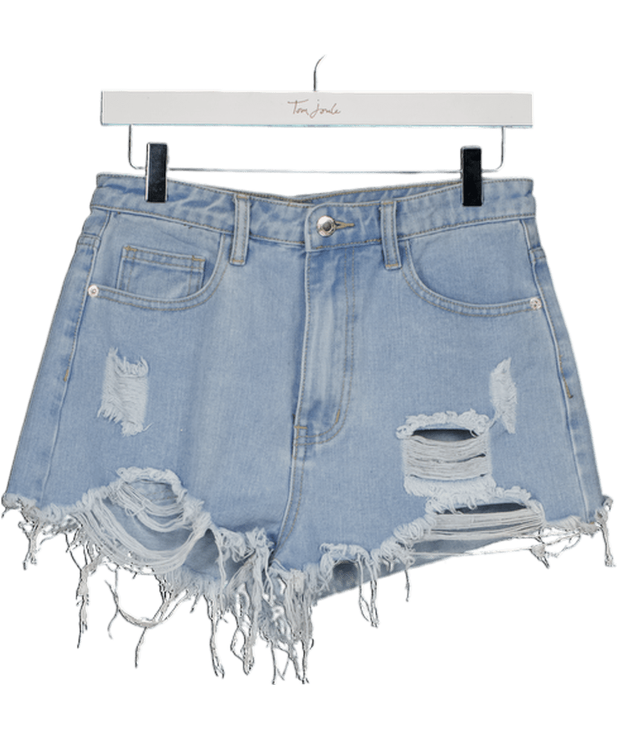 PrettyLittleThing Blue Ripped Hem Denim Shorts UK 8 - Reliked
