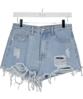 PrettyLittleThing Blue Ripped Hem Denim Shorts UK 8 - Reliked