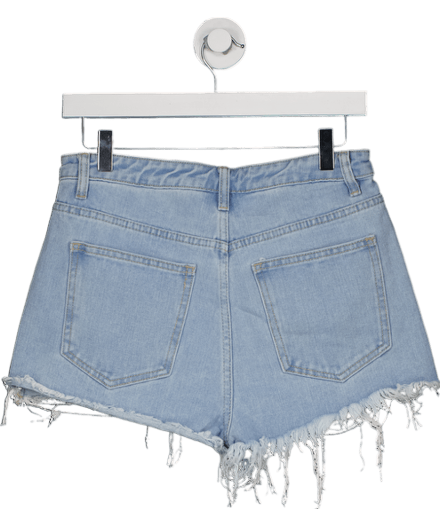 PrettyLittleThing Blue Ripped Hem Denim Shorts UK 8 - Reliked