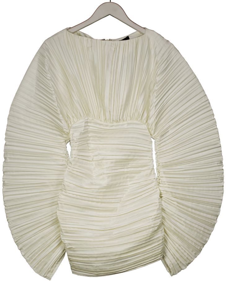 PrettyLittleThing Cream Ivory Plisse Satin Batwing Long Sleeve Bodycon Dress UK 6 - Reliked