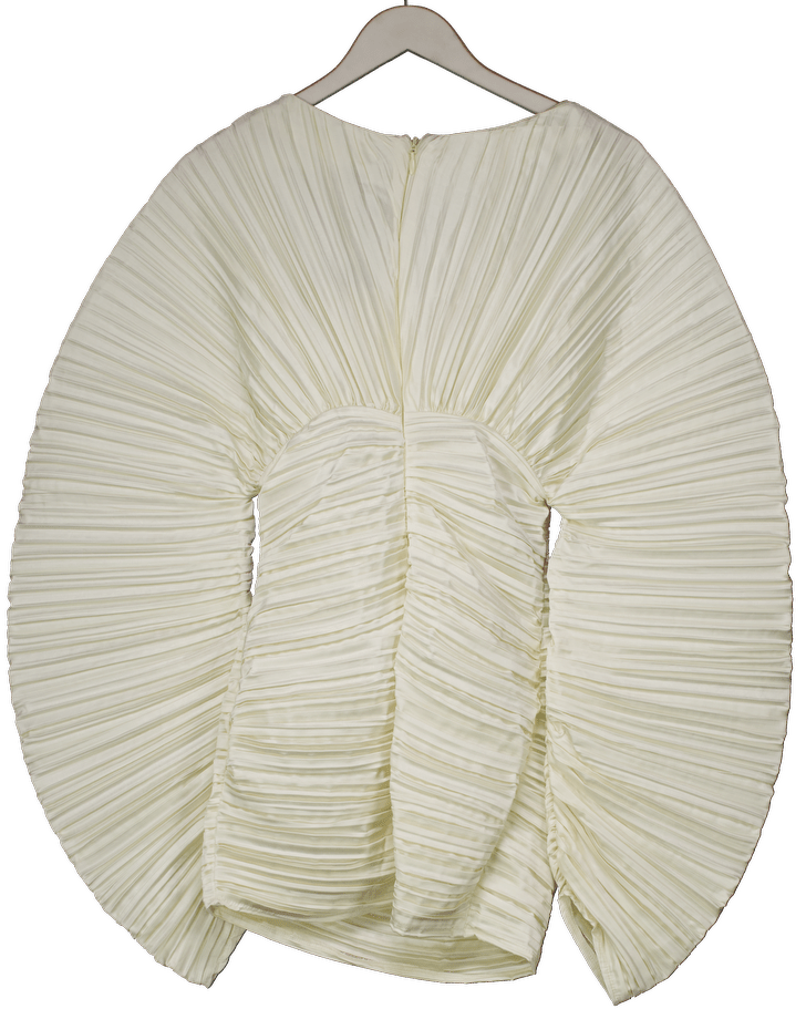 PrettyLittleThing Cream Ivory Plisse Satin Batwing Long Sleeve Bodycon Dress UK 6 - Reliked