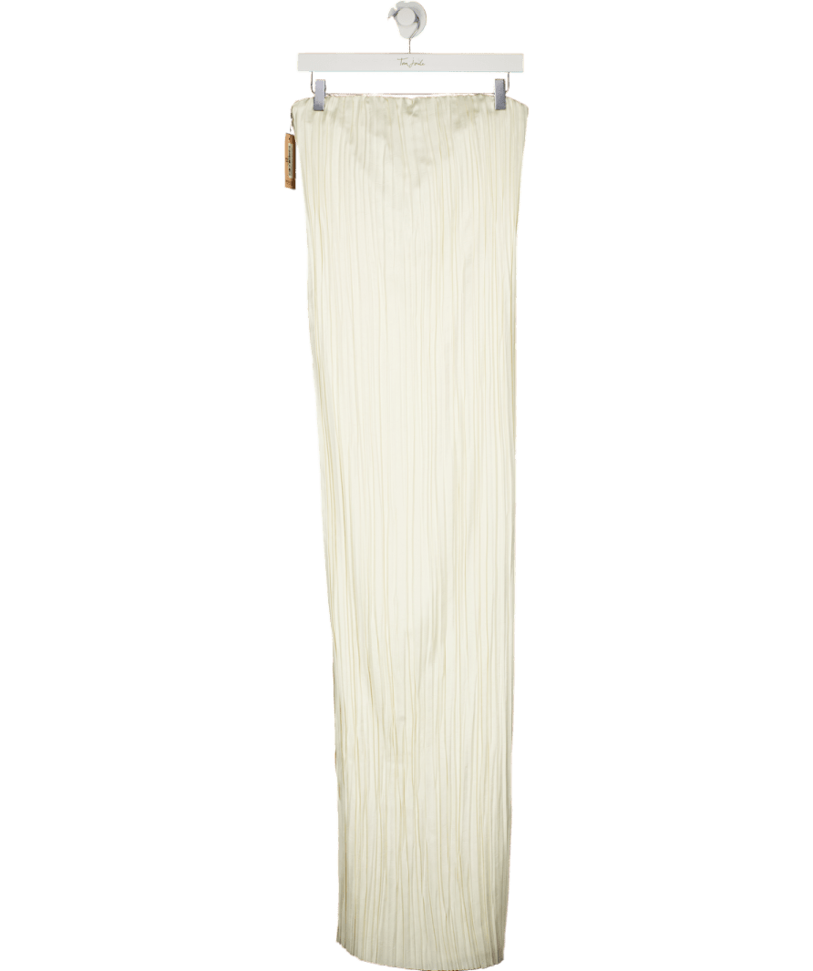 PrettyLittleThing Cream Ivory Plisse Satin Column Bandeau Maxi Dress UK 6 - Reliked