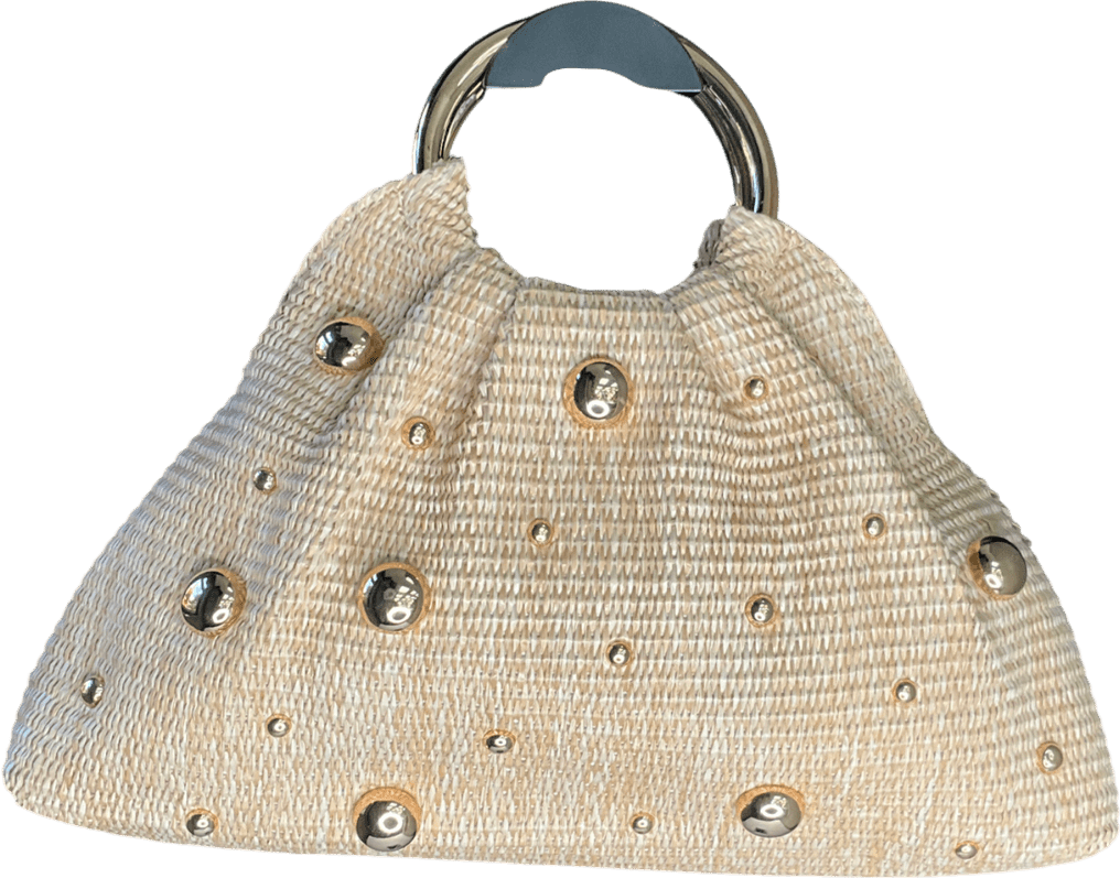PrettyLittleThing Cream Natural Raffia Gold Studded Tote - Reliked