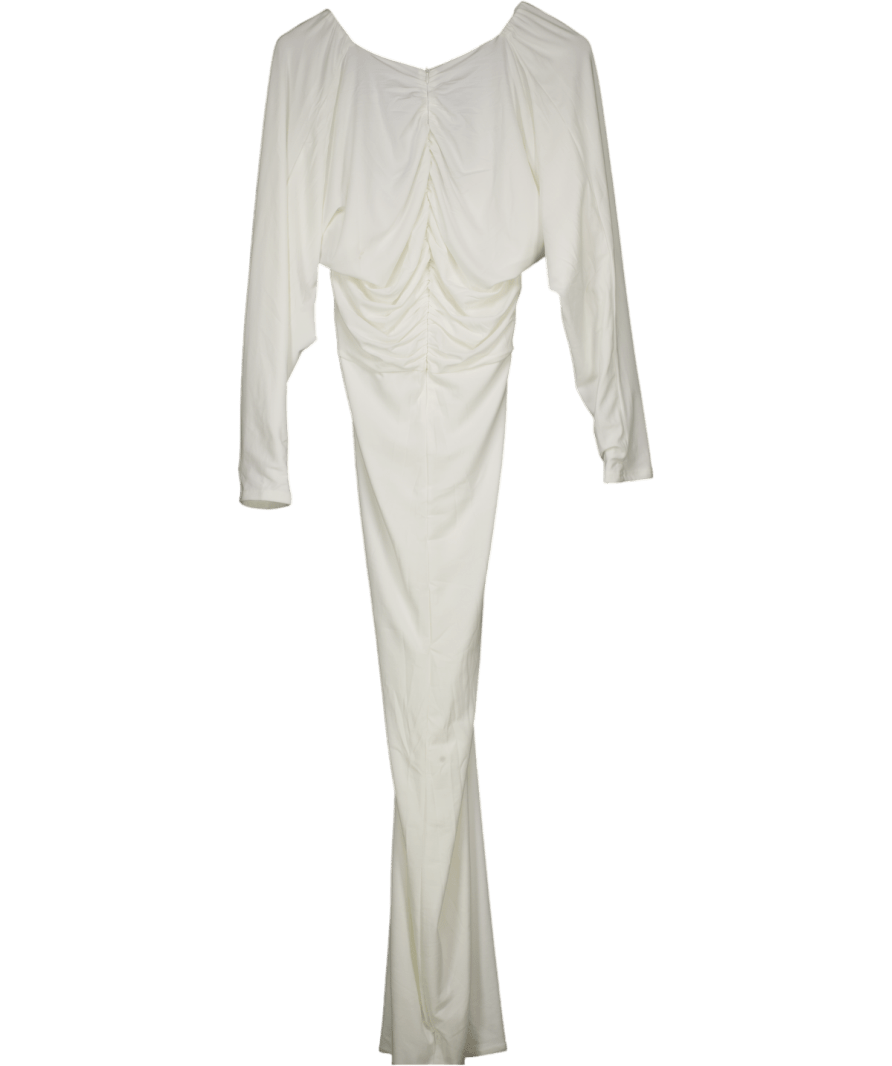PrettyLittleThing White Slinky Ruched Plunge Batwing Maxi Dress UK 6 - Reliked