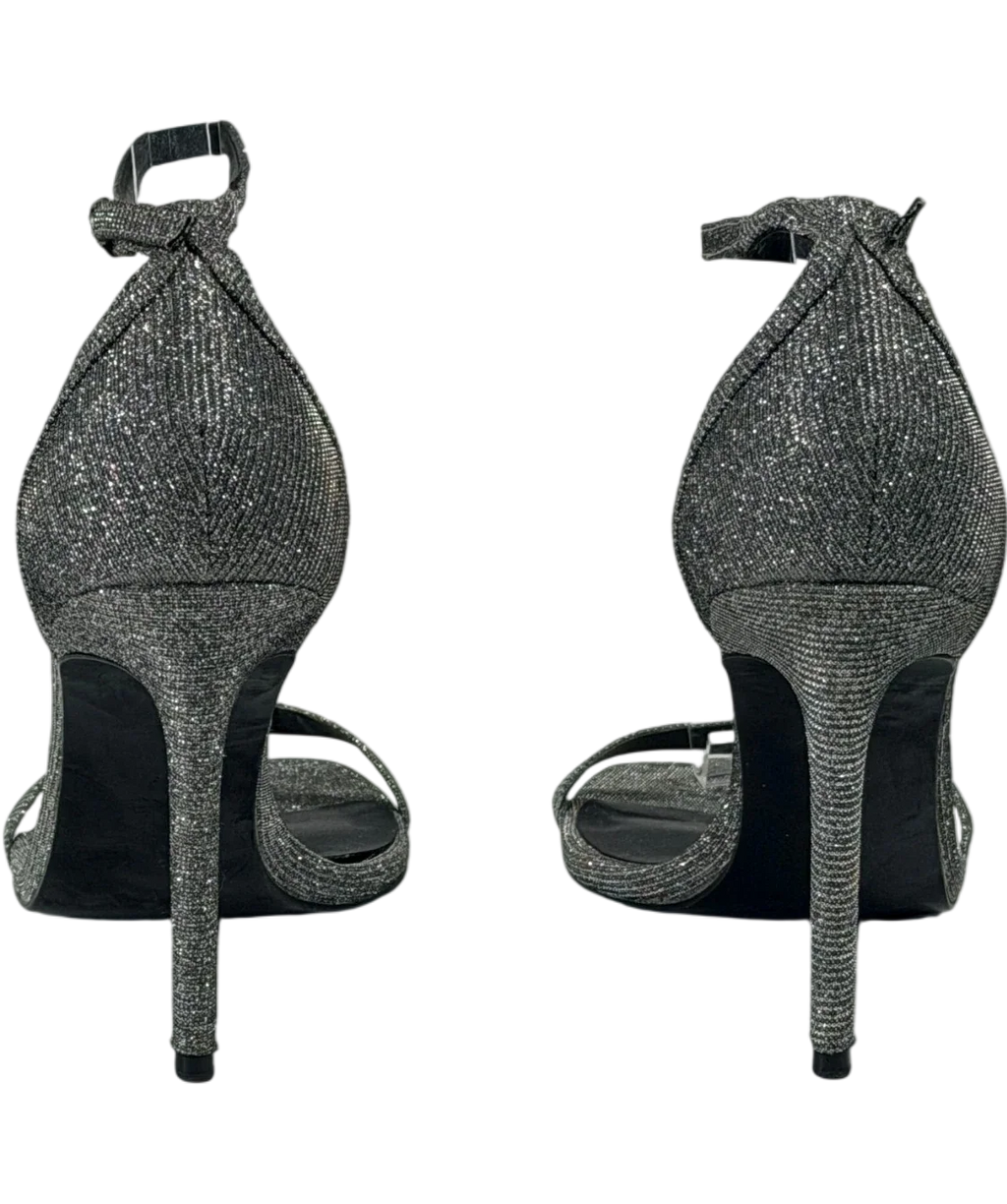 MANGO Metallic Silver Glitter Ankle-strap Stiletto Sandals UK 6 EU 39