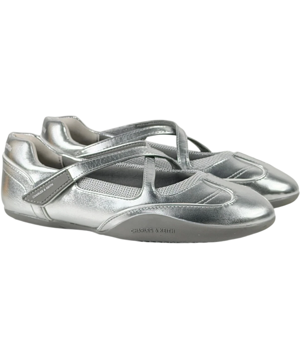 Charles & Keith Charles And Keith Mika Crossover Mary Jane Sneakers In Metallic Silver UK 4 EU 37