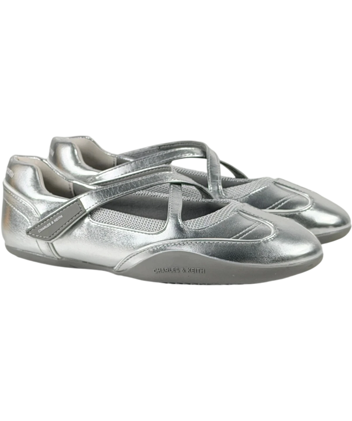 Charles & Keith Charles And Keith Mika Crossover Mary Jane Sneakers In Metallic Silver UK 4 EU 37