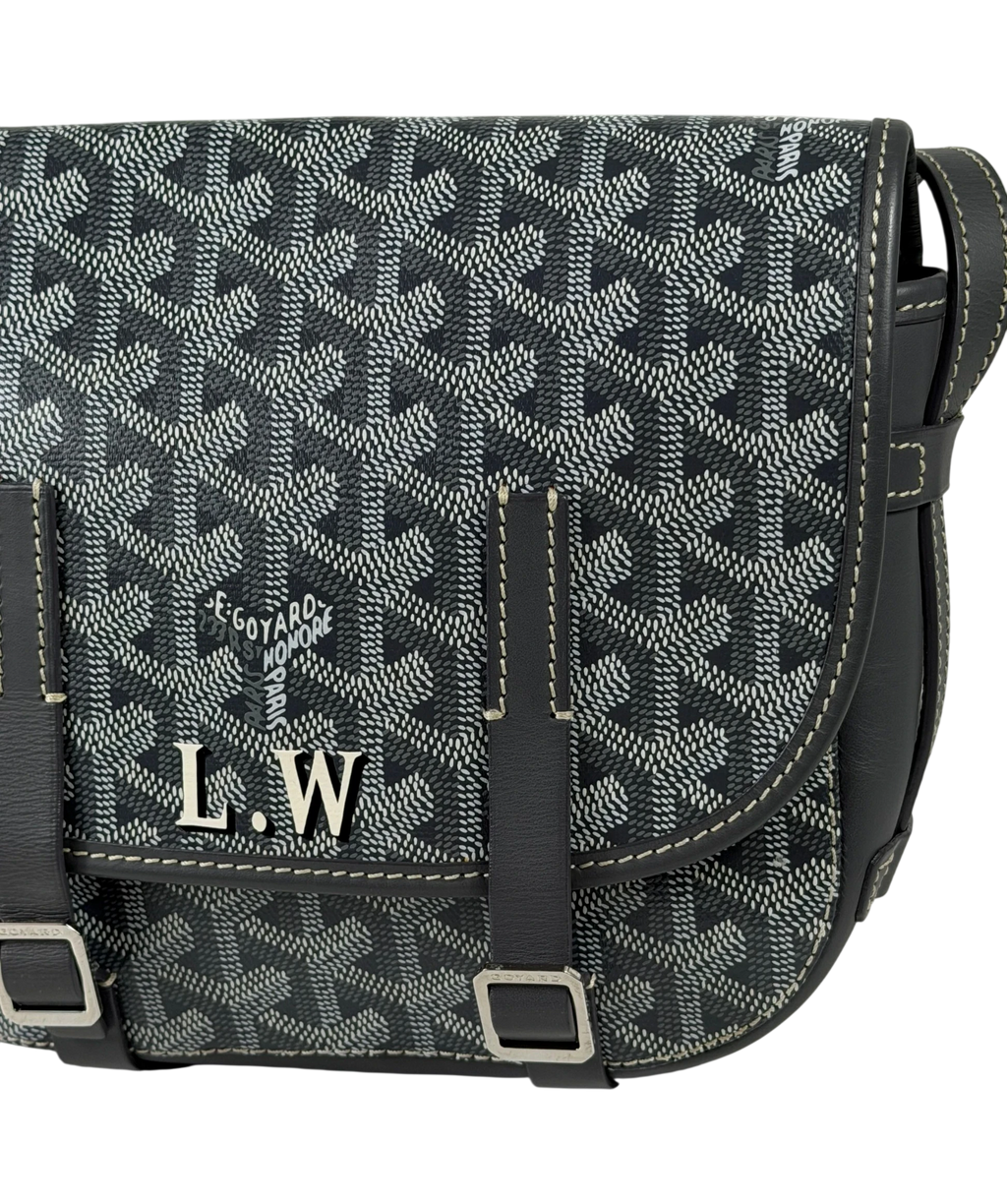 GOYARD Personalized "L.W" Grey Goyardine Canvas Belvedere Pm Messenger Bag