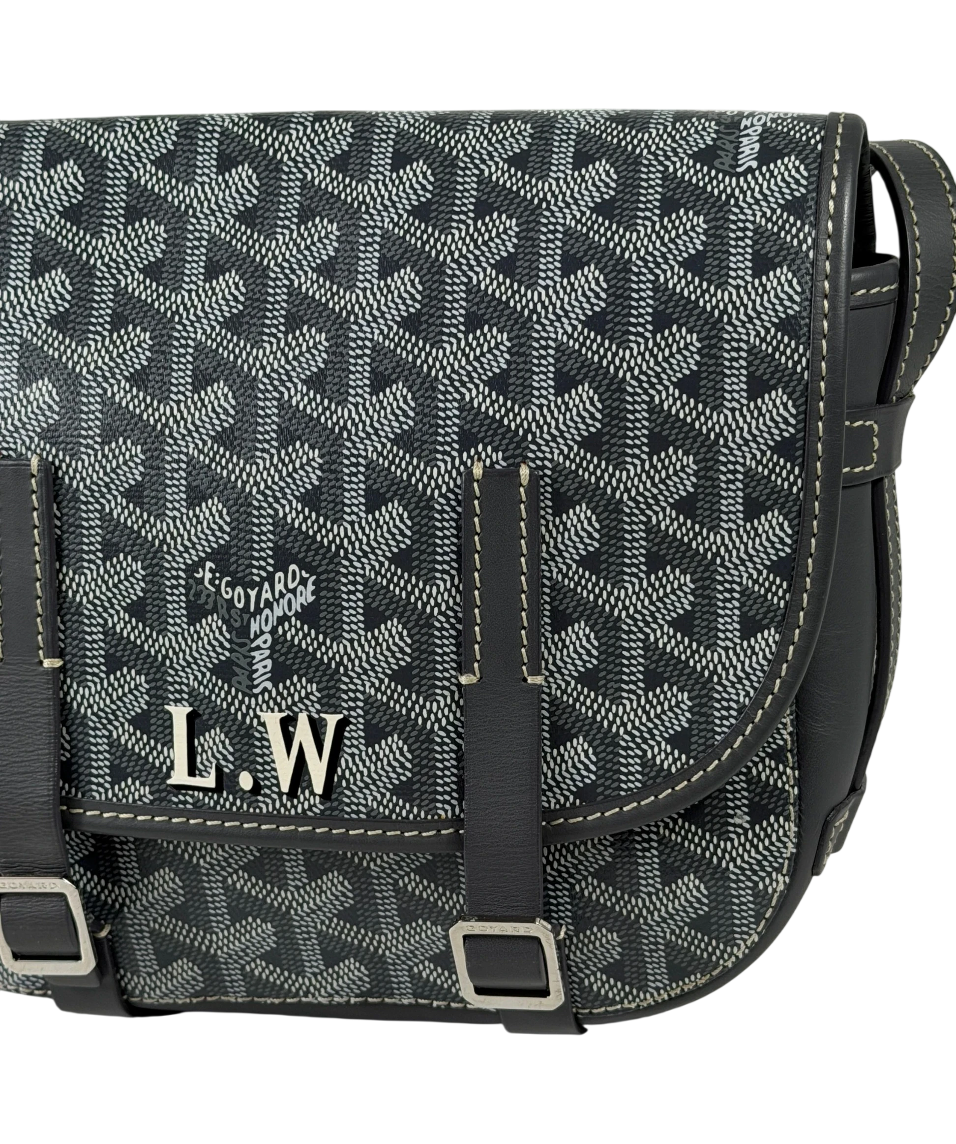 GOYARD Personalized "L.W" Grey Goyardine Canvas Belvedere Pm Messenger Bag