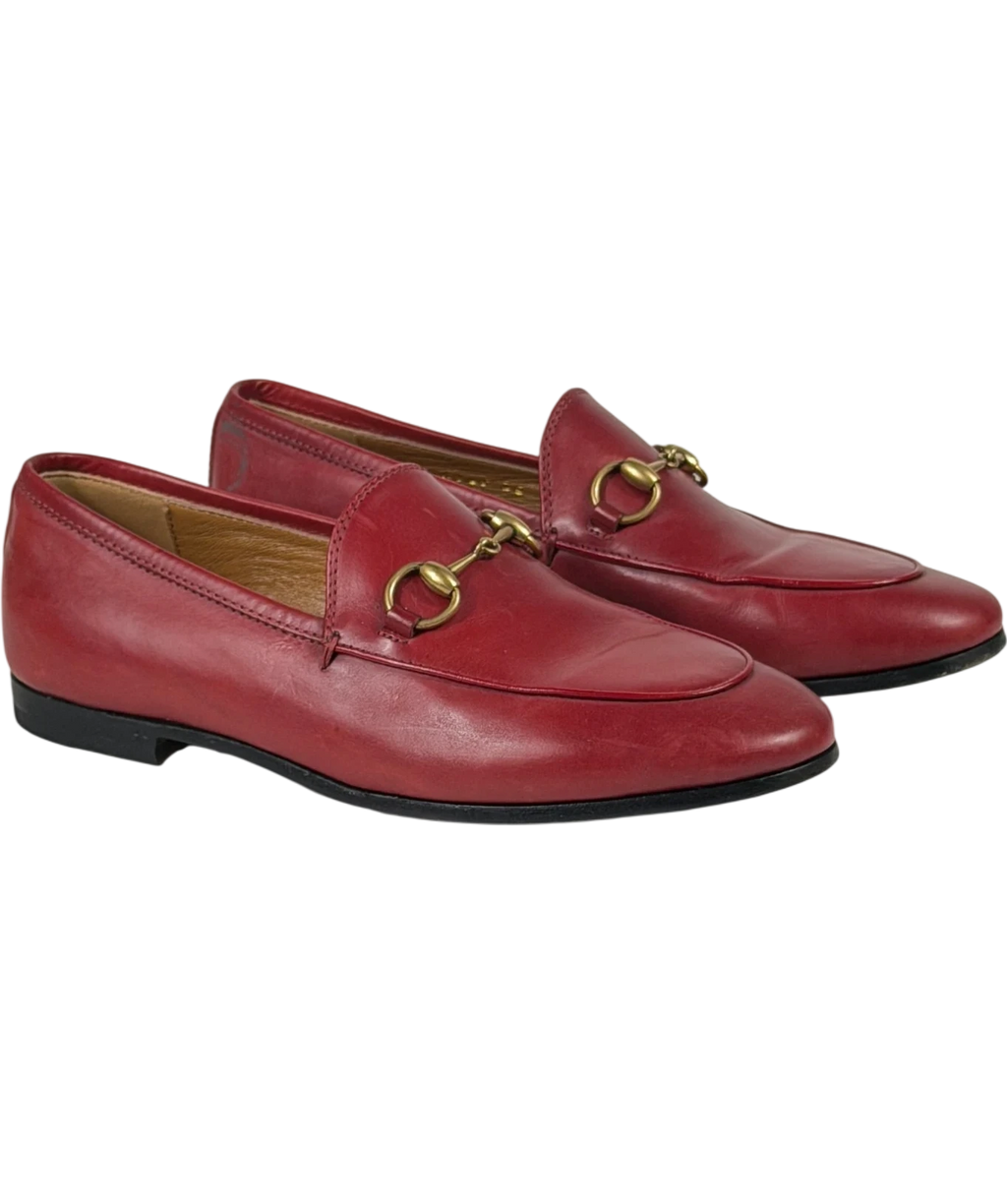 GUCCI Red Leather Jordaan Gold Horsebit Loafers UK 2 EU 35