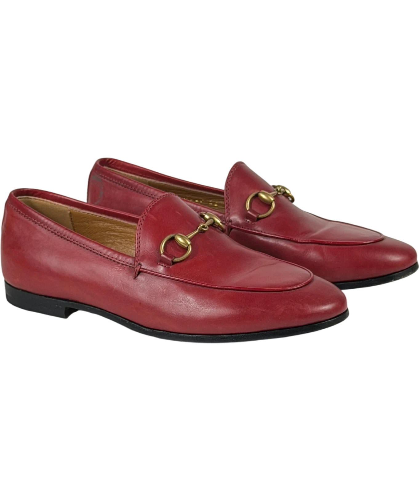 GUCCI Red Leather Jordaan Gold Horsebit Loafers UK 2 EU 35