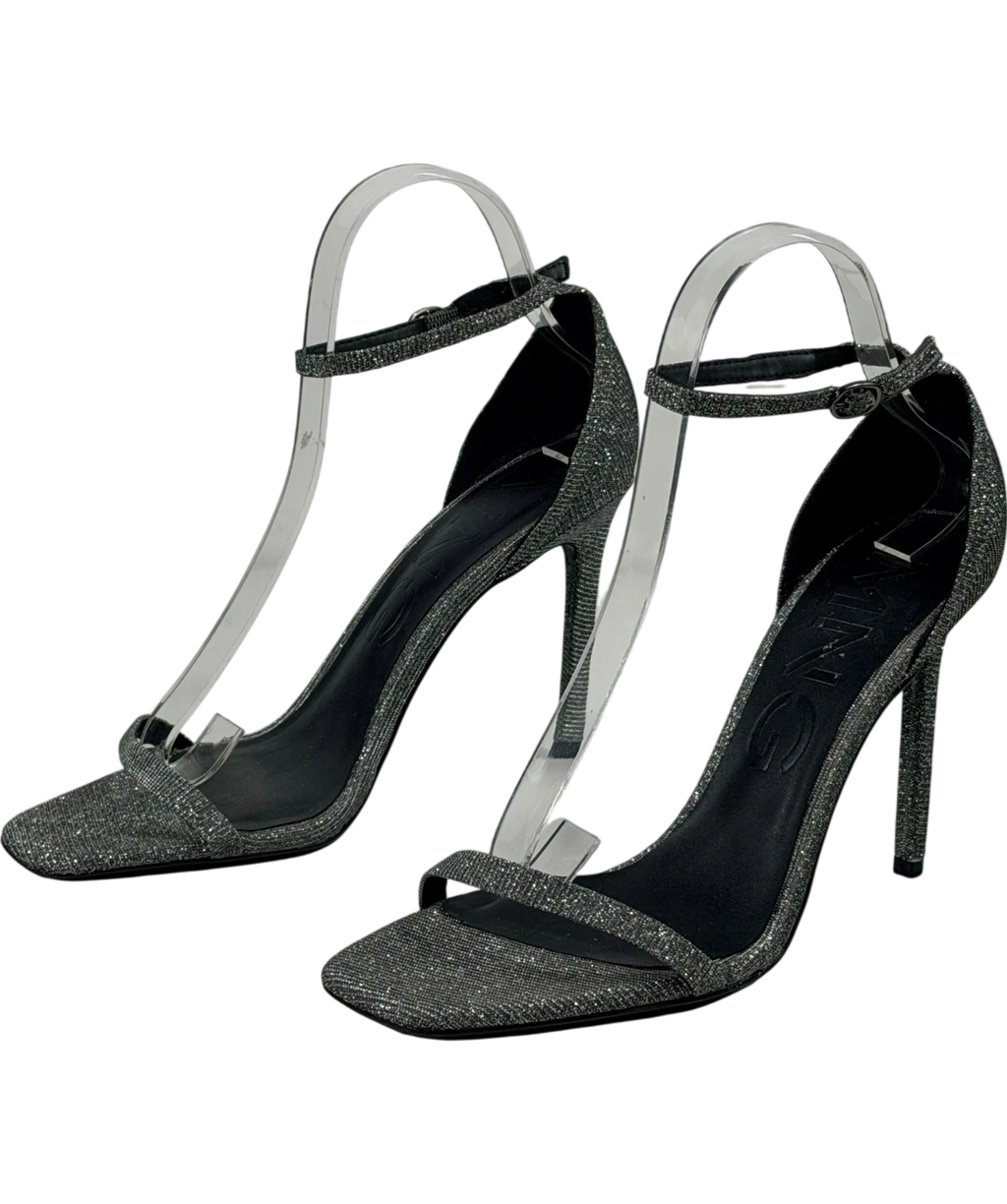 MANGO Metallic Silver Glitter Ankle-strap Stiletto Sandals UK 6 EU 39