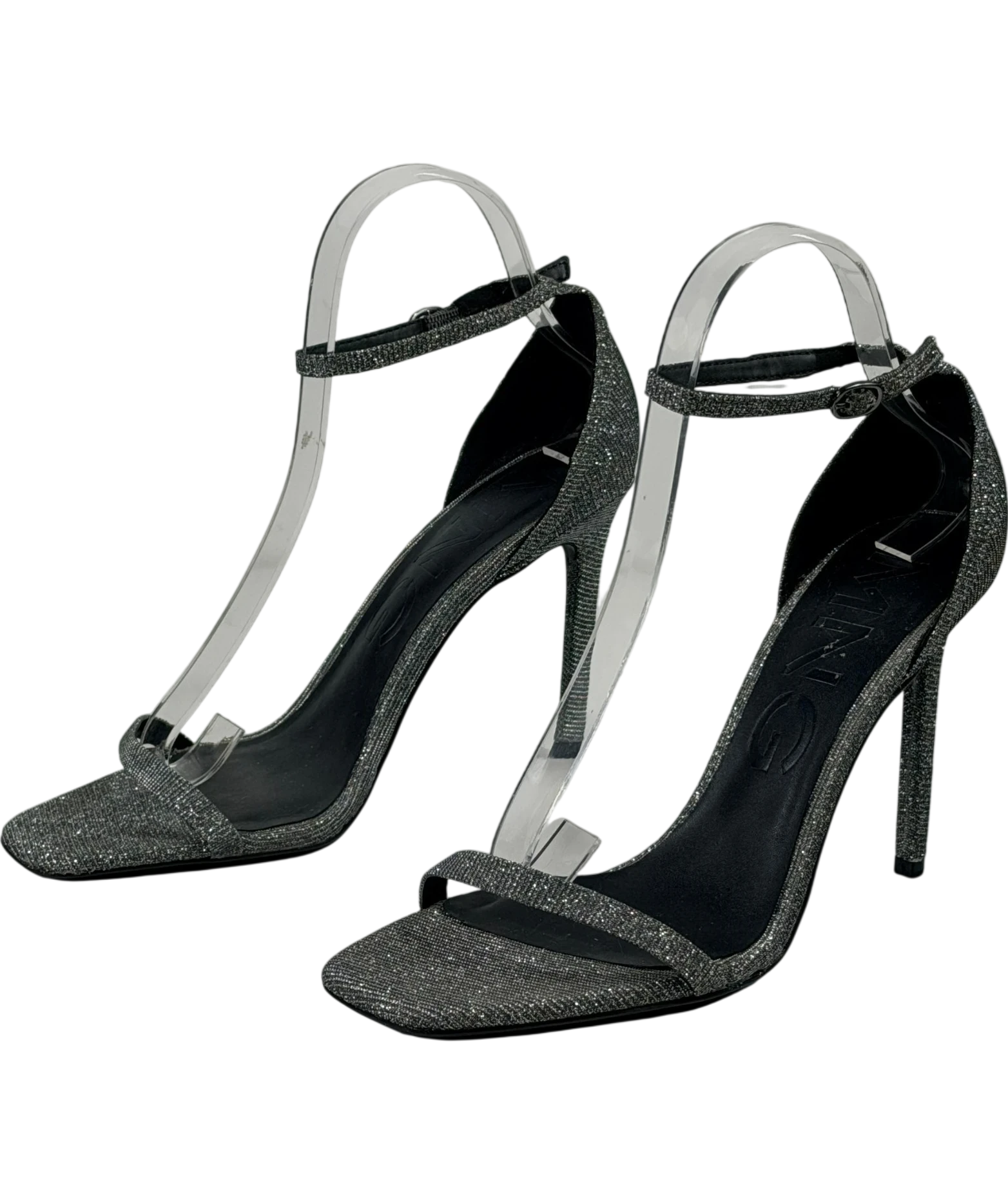 MANGO Metallic Silver Glitter Ankle-strap Stiletto Sandals UK 6 EU 39