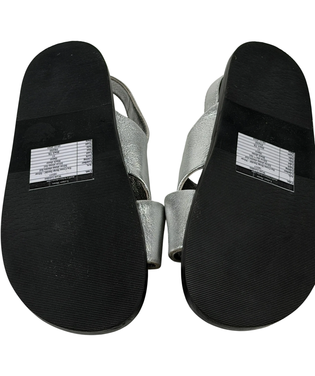 WYSE LONDON Butter Soft Leather Metallic Silver Cross Strap Footbed Sandals UK 4 EU 37