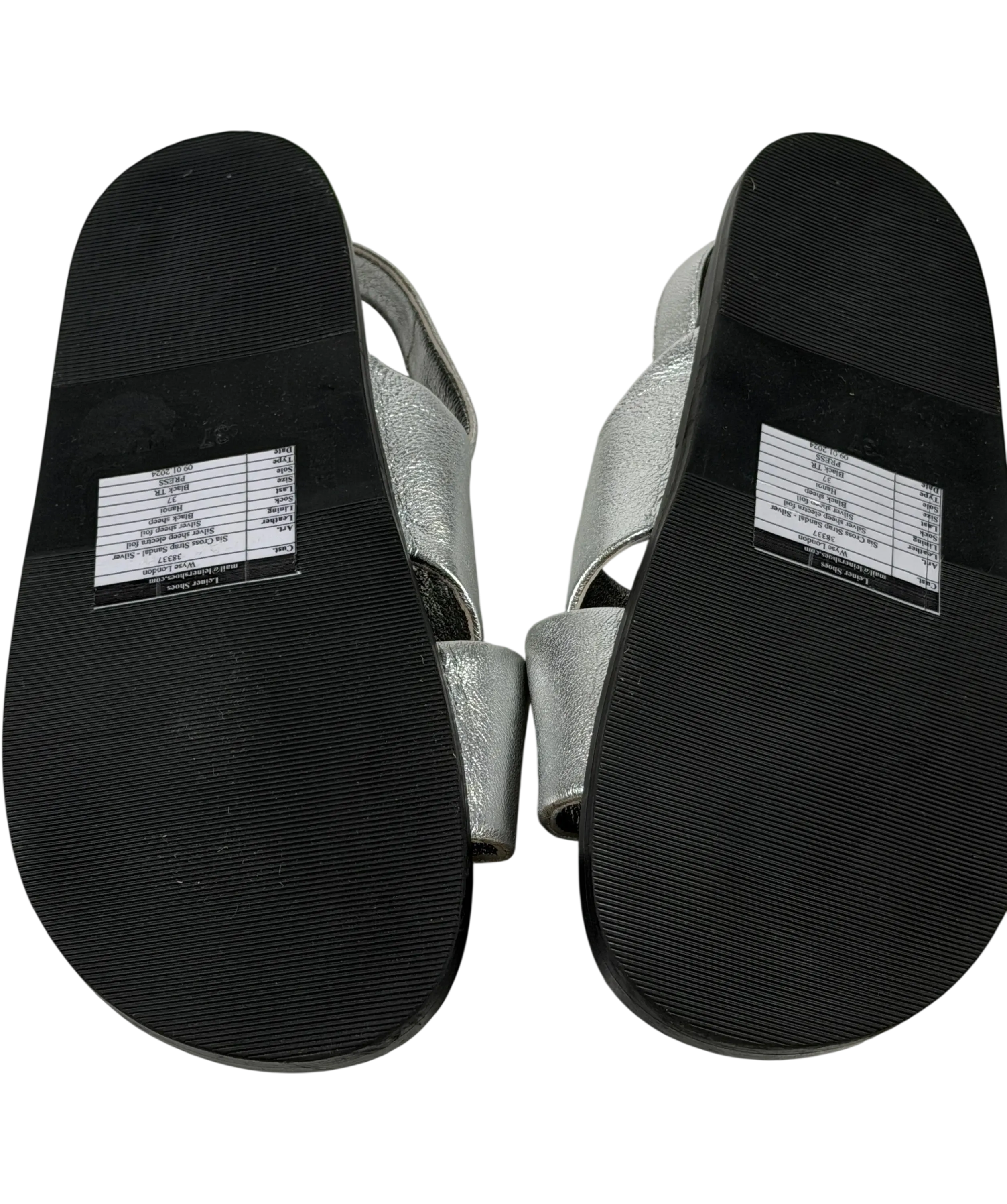 WYSE LONDON Butter Soft Leather Metallic Silver Cross Strap Footbed Sandals UK 4 EU 37