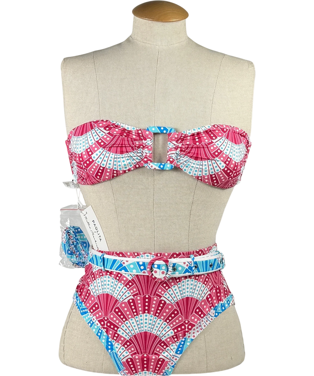 PAOLITA Multicoloured Pink Fan Print Bandeau Belted Bikini Set UK S