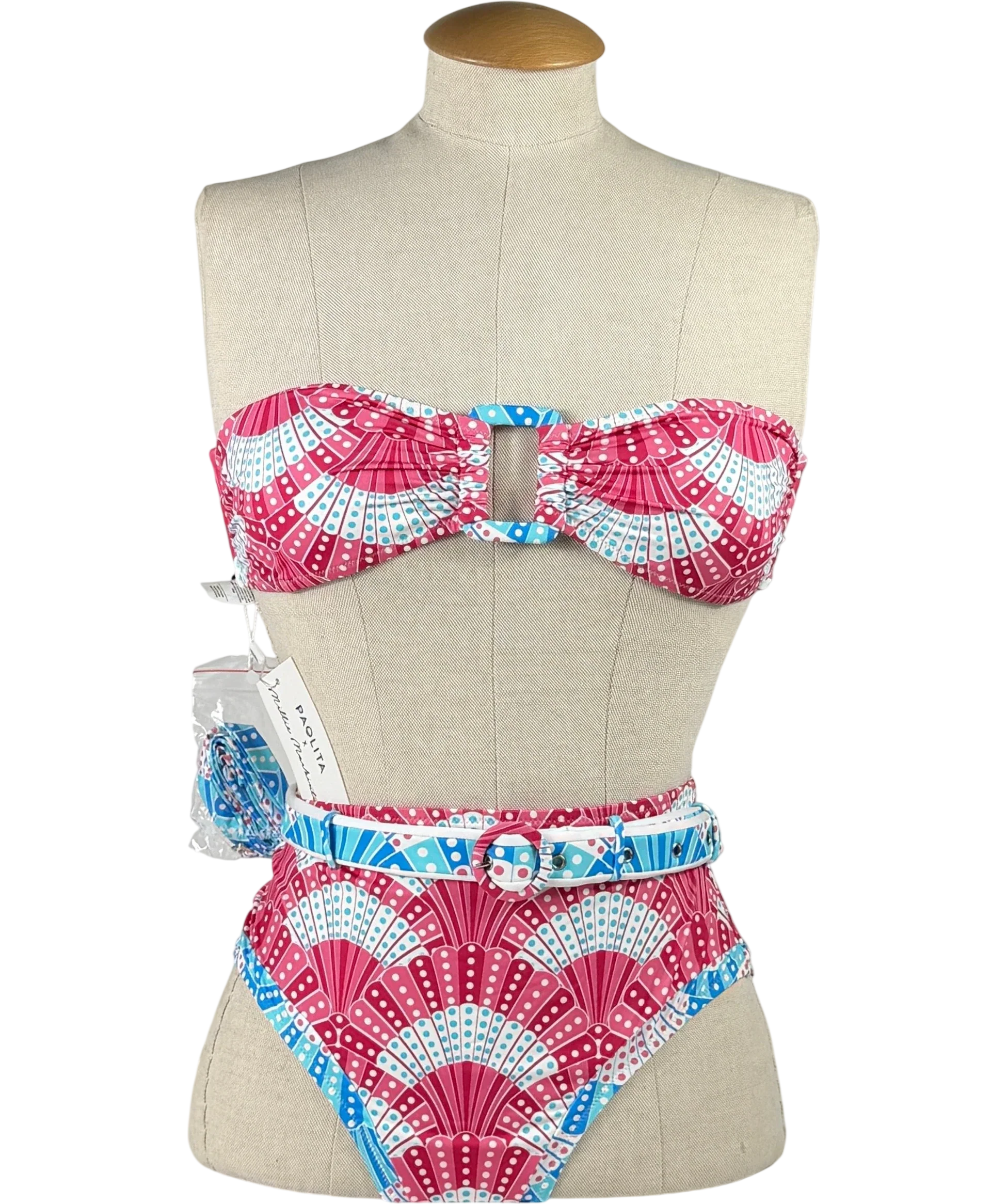 PAOLITA Multicoloured Pink Fan Print Bandeau Belted Bikini Set UK S