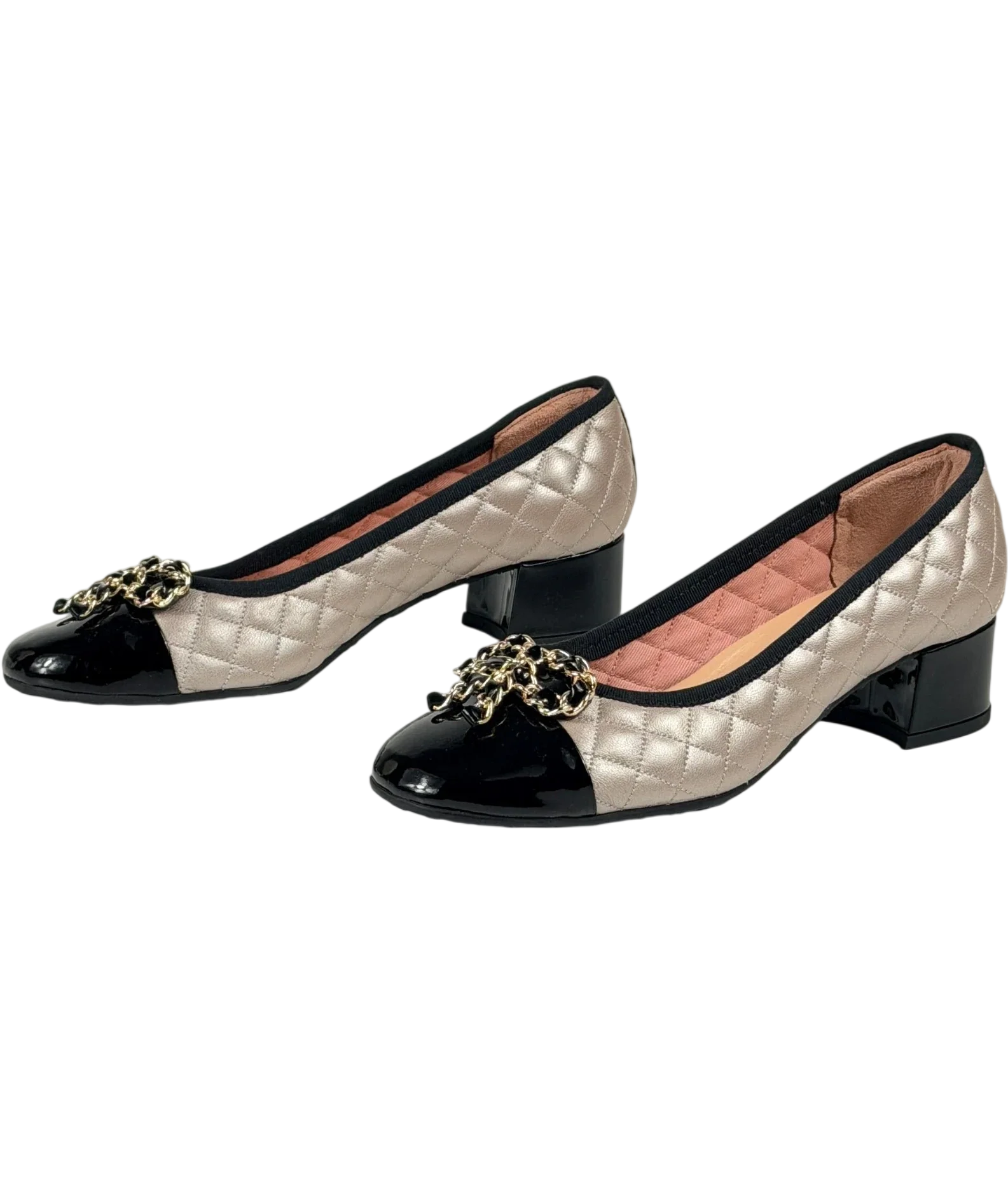 VARIO Quilted Block Heel Pumps In Taupe And Black UK 4 EU 37