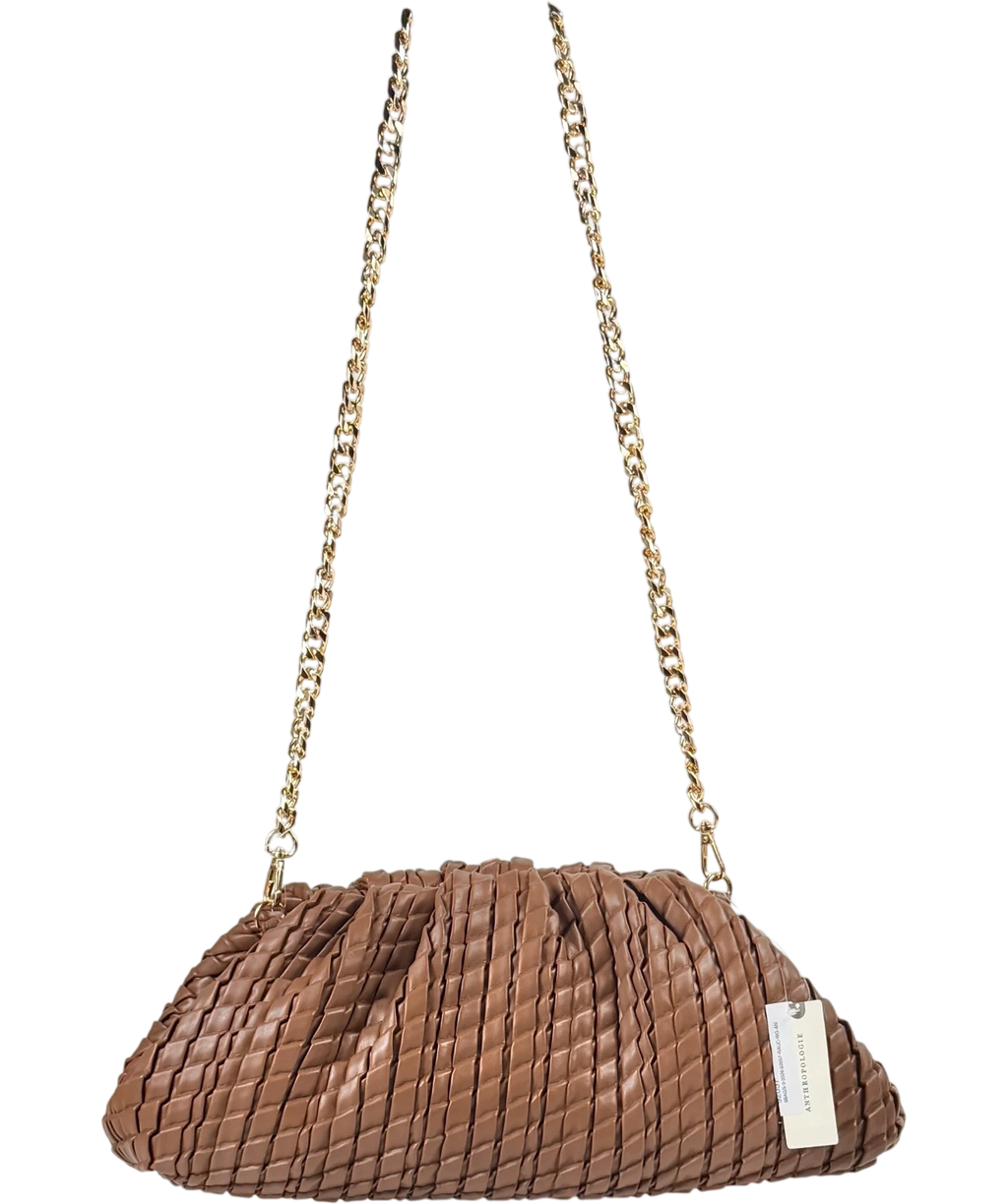 BY ANTHROPOLOGIE  Chocolate Brown Oversized Woven Clutch Bag with chain strap