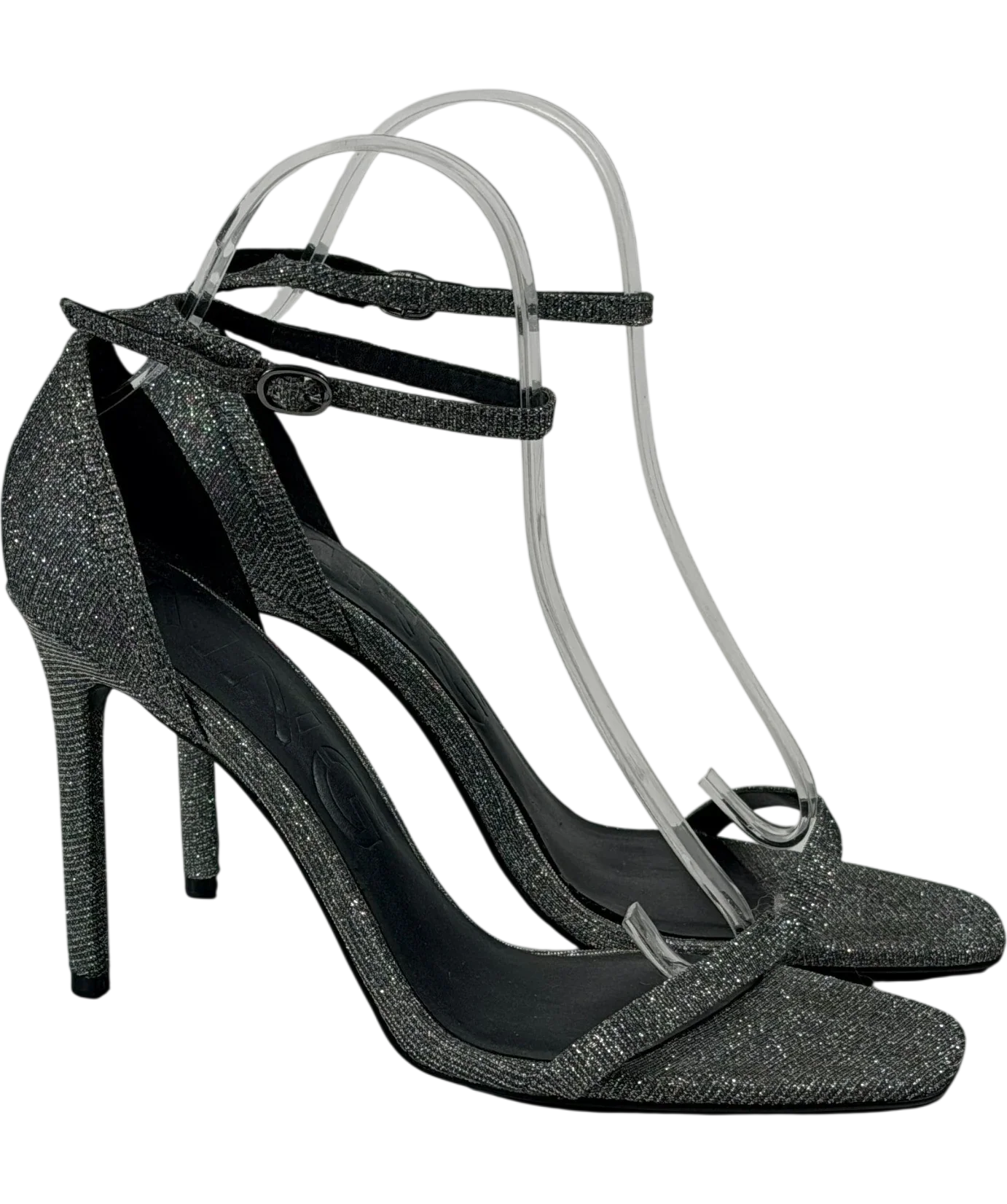 MANGO Metallic Silver Glitter Ankle-strap Stiletto Sandals UK 6 EU 39