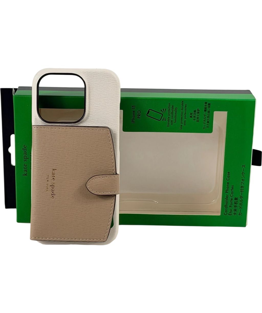 KATE SPADE New York Beige Colorblocked Pebble Leather Iphone 15 Pro Cardholder Case One Size