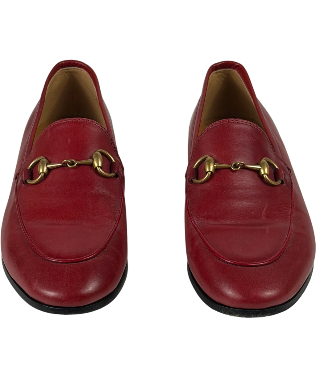 GUCCI Red Leather Jordaan Gold Horsebit Loafers UK 2 EU 35