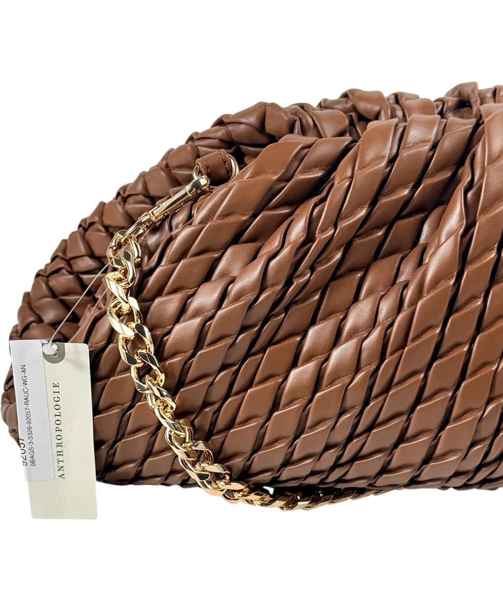 BY ANTHROPOLOGIE  Chocolate Brown Oversized Woven Clutch Bag with chain strap