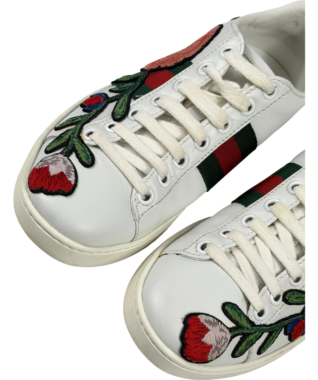 Gucci White Leather Ace Floral Embroidered Low-top Trainers Bow Heels UK 2 EU 35