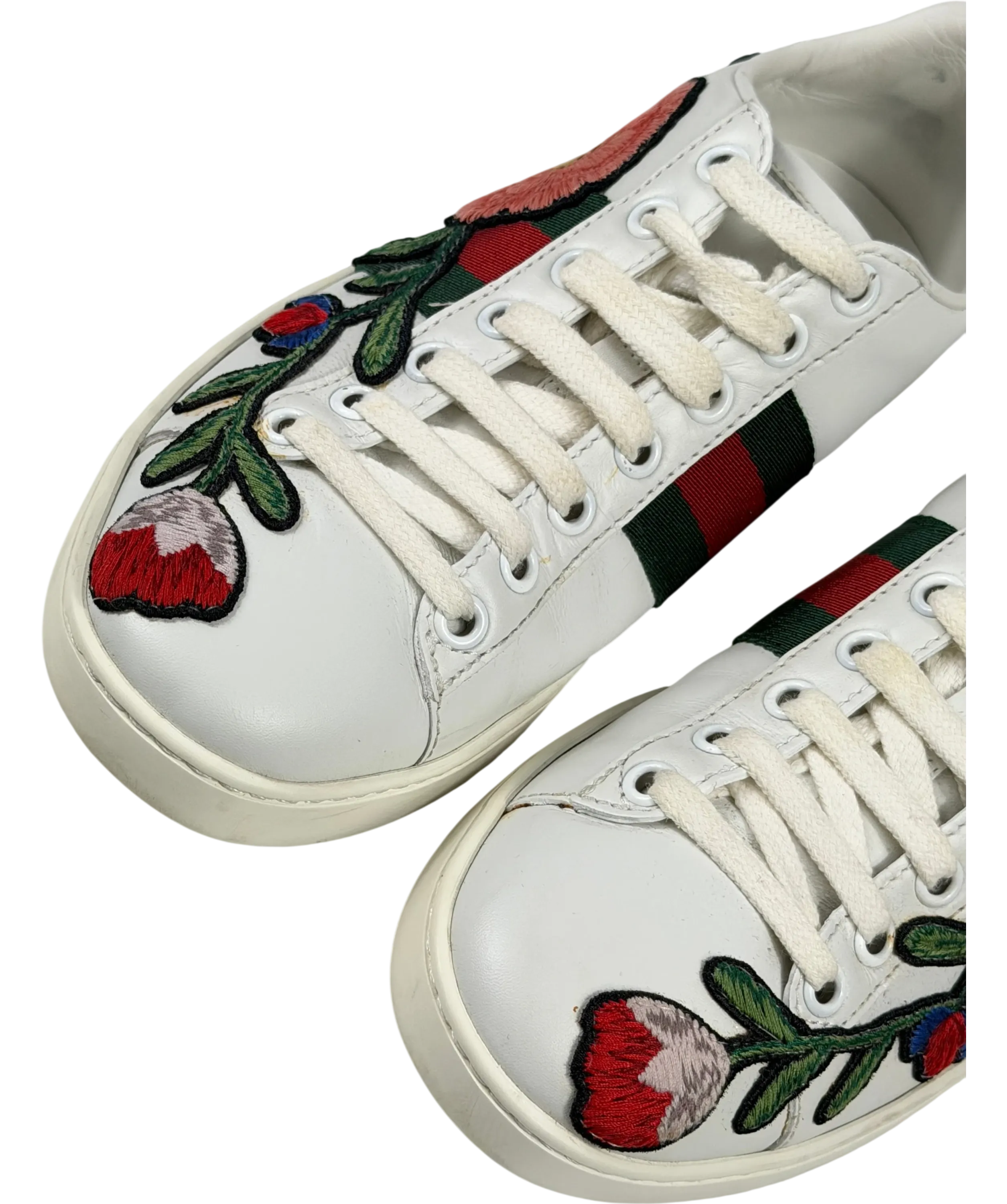 Gucci White Leather Ace Floral Embroidered Low-top Trainers Bow Heels UK 2 EU 35