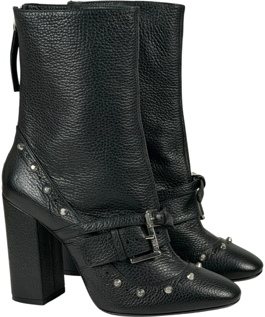 No21 Black Leather Studded Buckle Block Heel Ankle Boots UK 8 EU 41