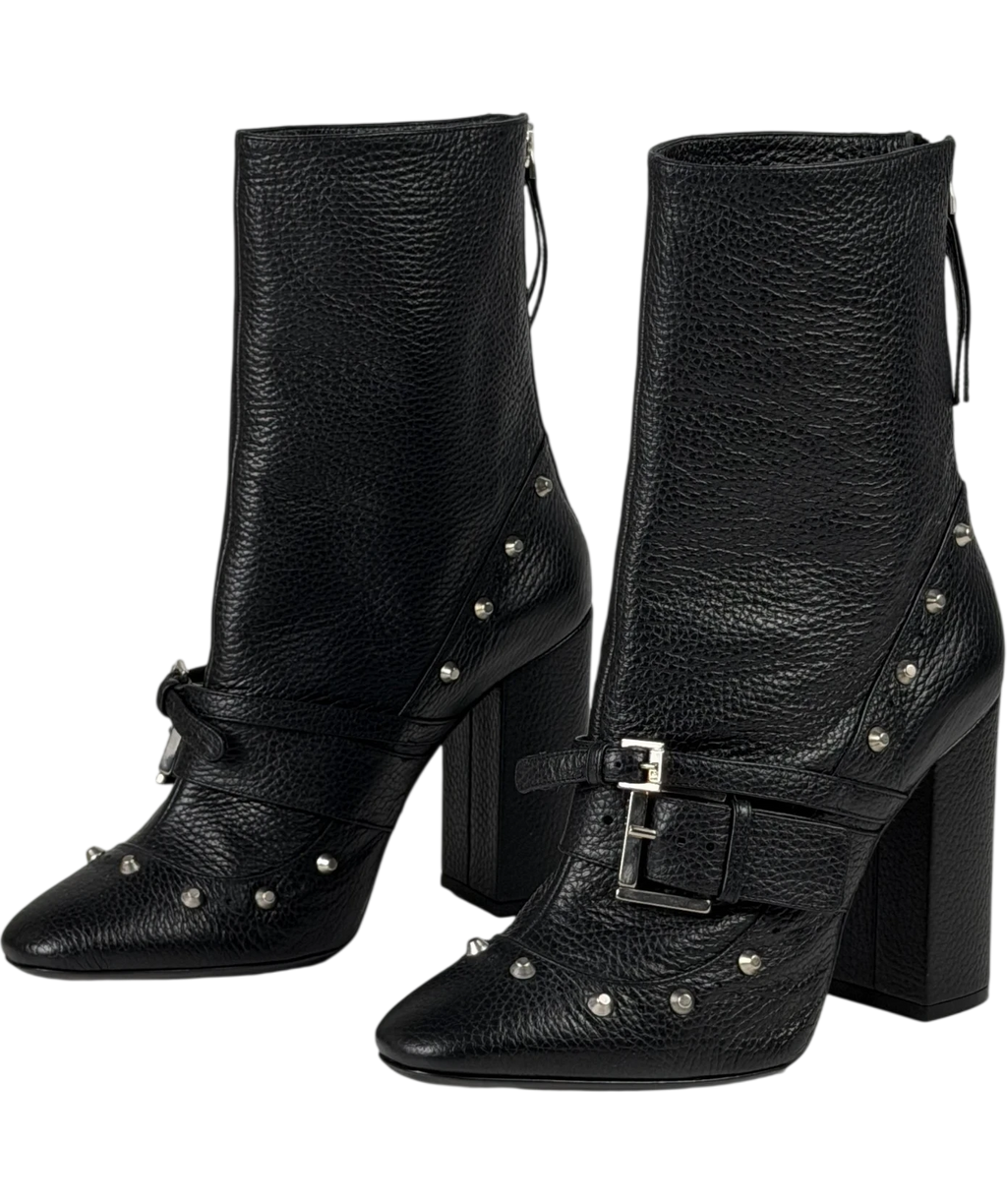 No21 Black Leather Studded Buckle Block Heel Ankle Boots UK 8 EU 41