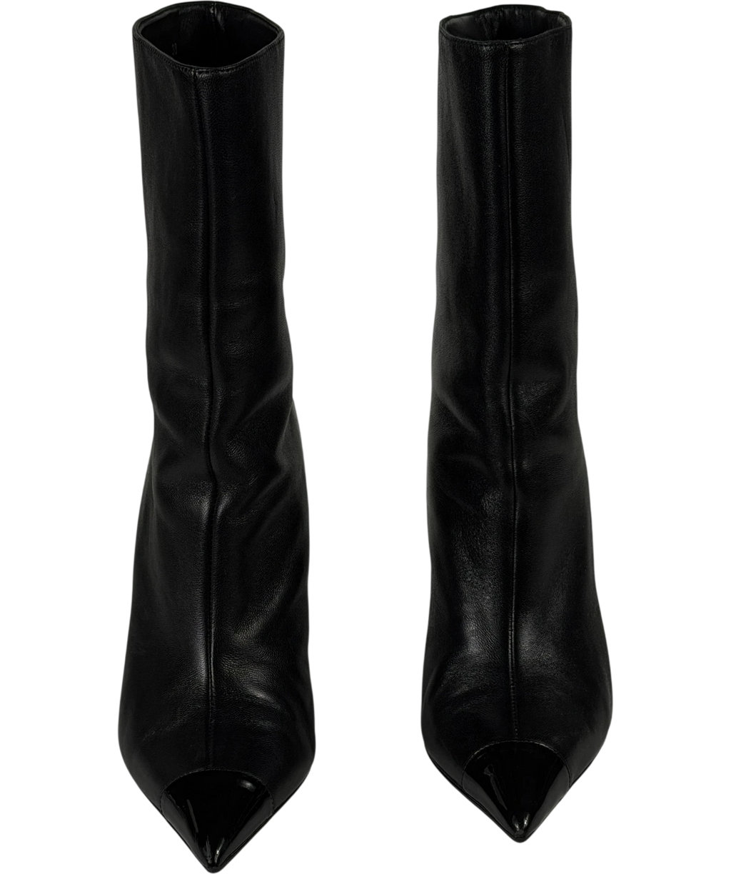 JIMMY CHOO Black Leather Pointed Toe Ankle Boots With Patent Cap Toe UK 5 EU 38