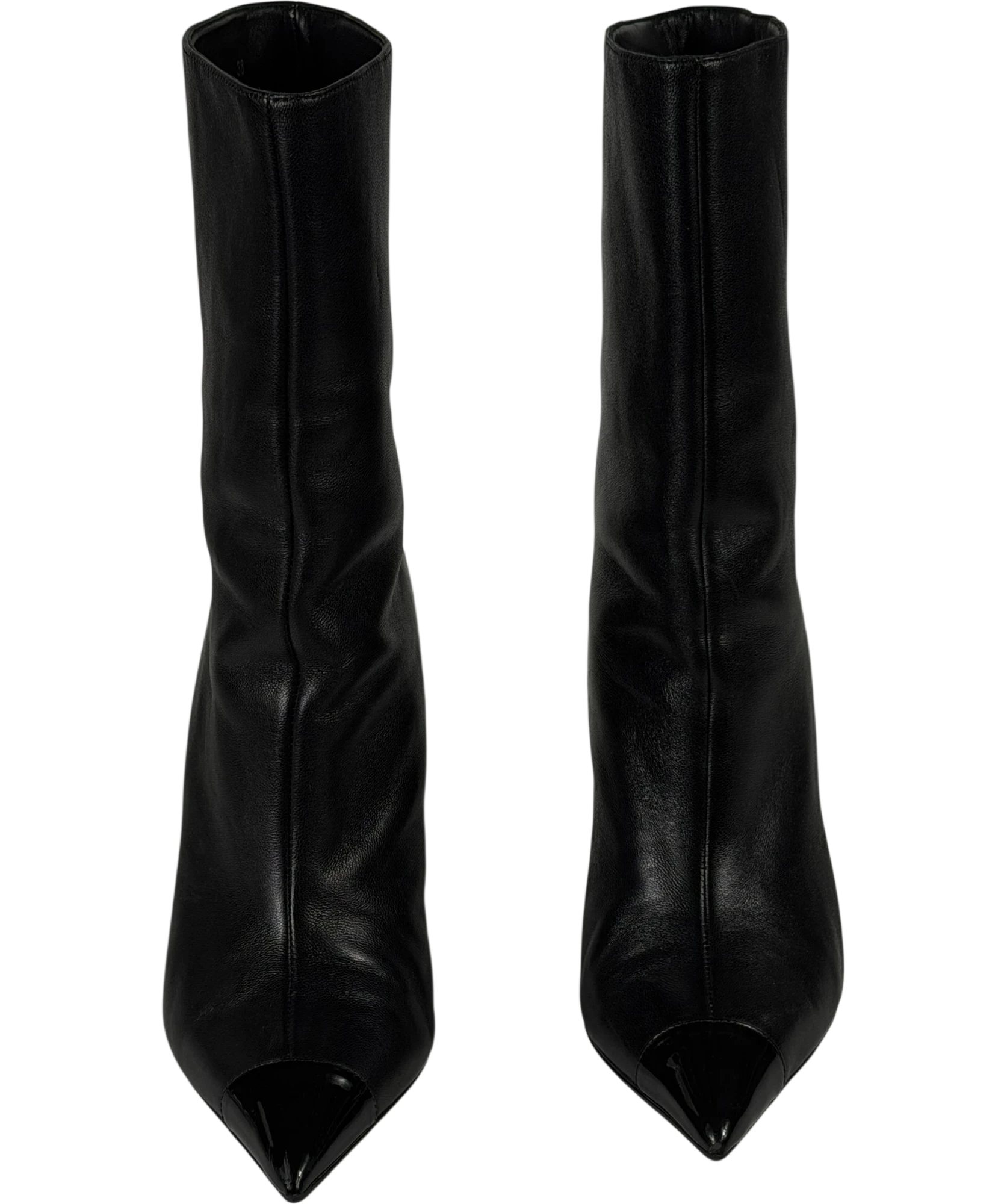 JIMMY CHOO Black Leather Pointed Toe Ankle Boots With Patent Cap Toe UK 5 EU 38