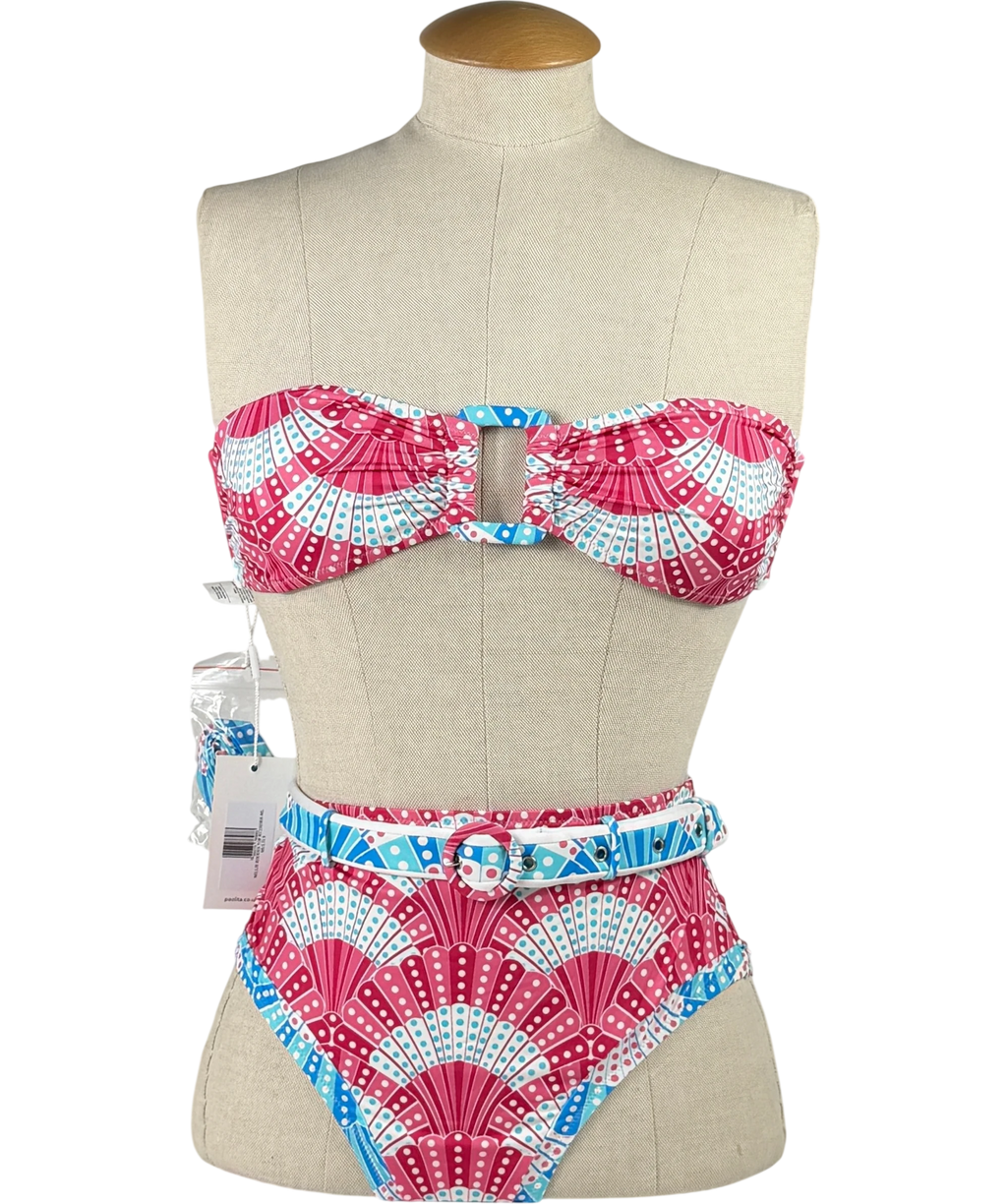 PAOLITA Multicoloured Pink Fan Print Bandeau Belted Bikini Set UK S