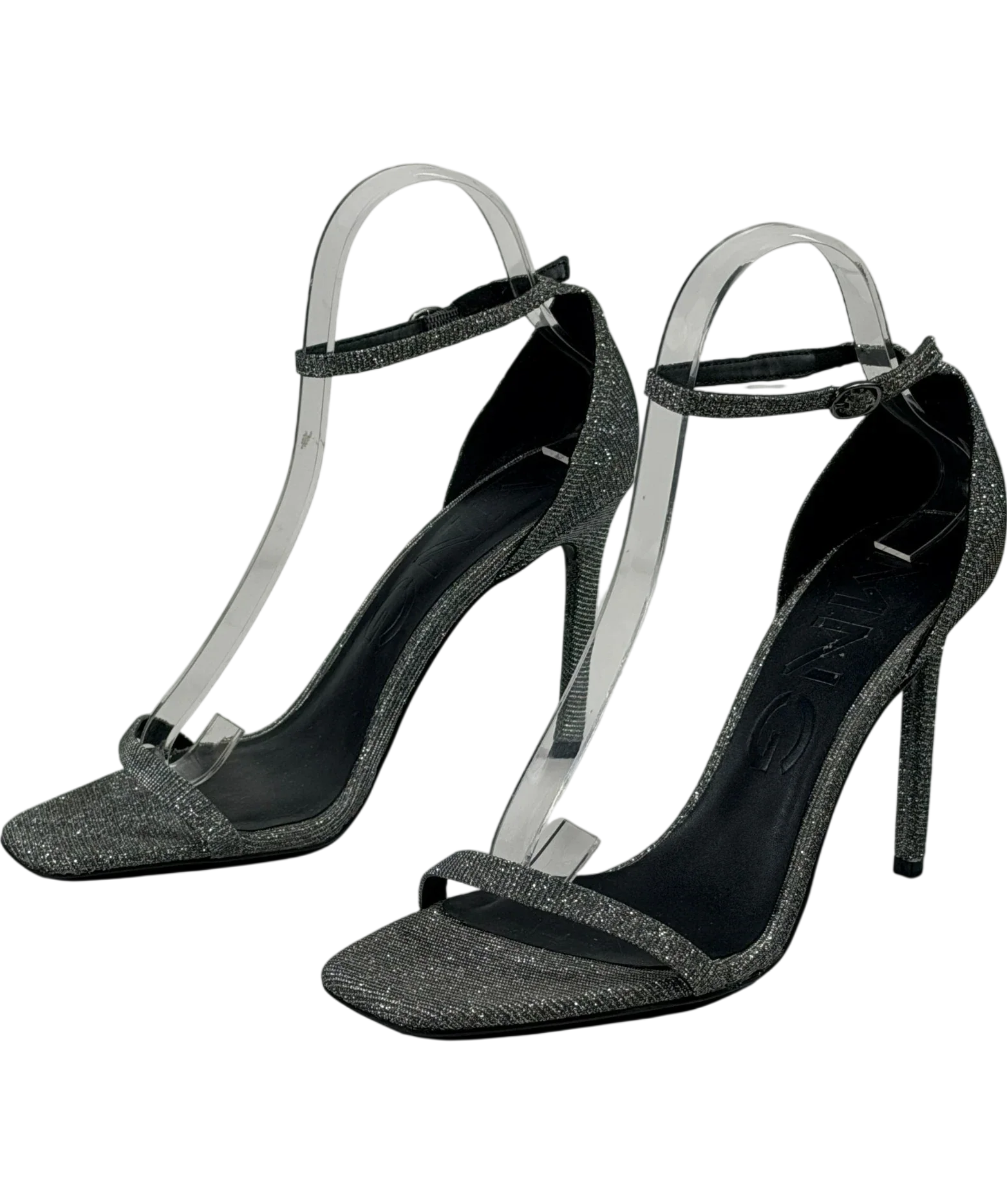 MANGO Metallic Silver Glitter Ankle-strap Stiletto Sandals UK 6 EU 39