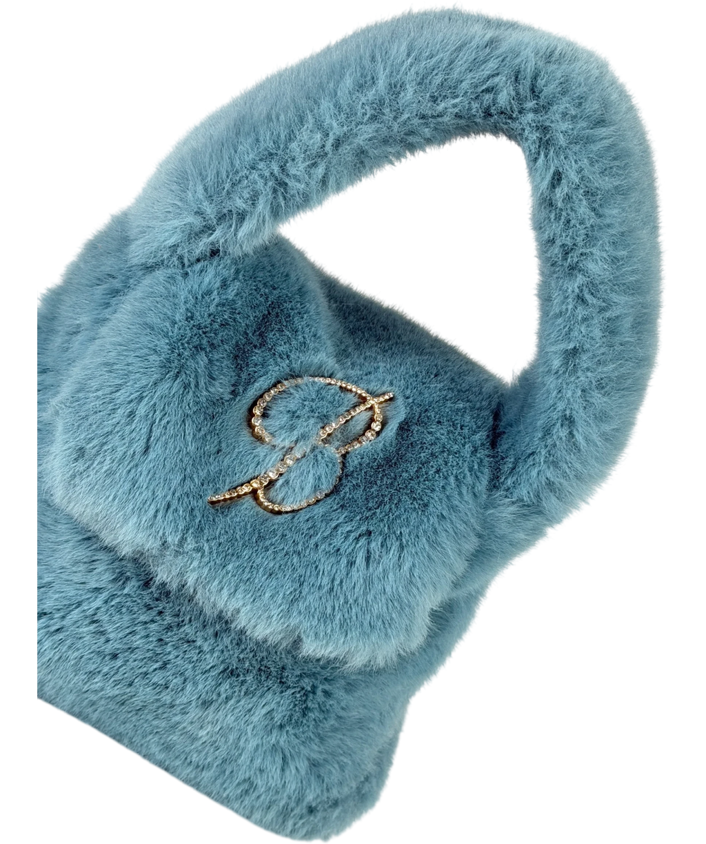 BLUMARINE Faux Fur Top Handle Bag With Brocch Logo In Lagoon Blue One Size