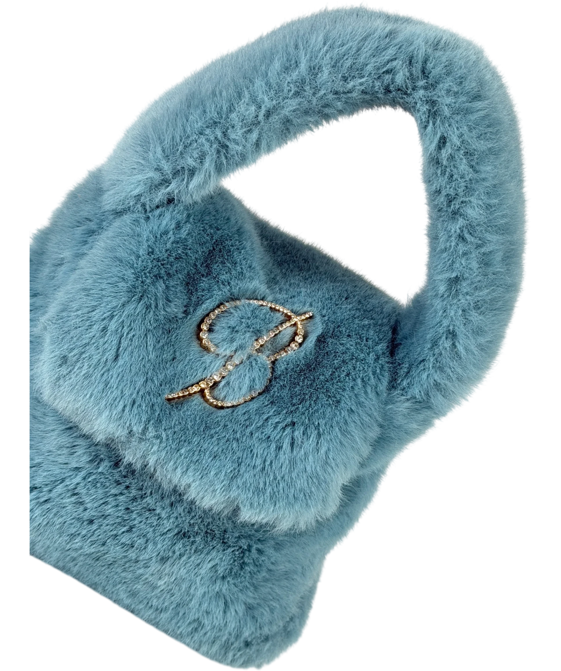 BLUMARINE Faux Fur Top Handle Bag With Brocch Logo In Lagoon Blue One Size