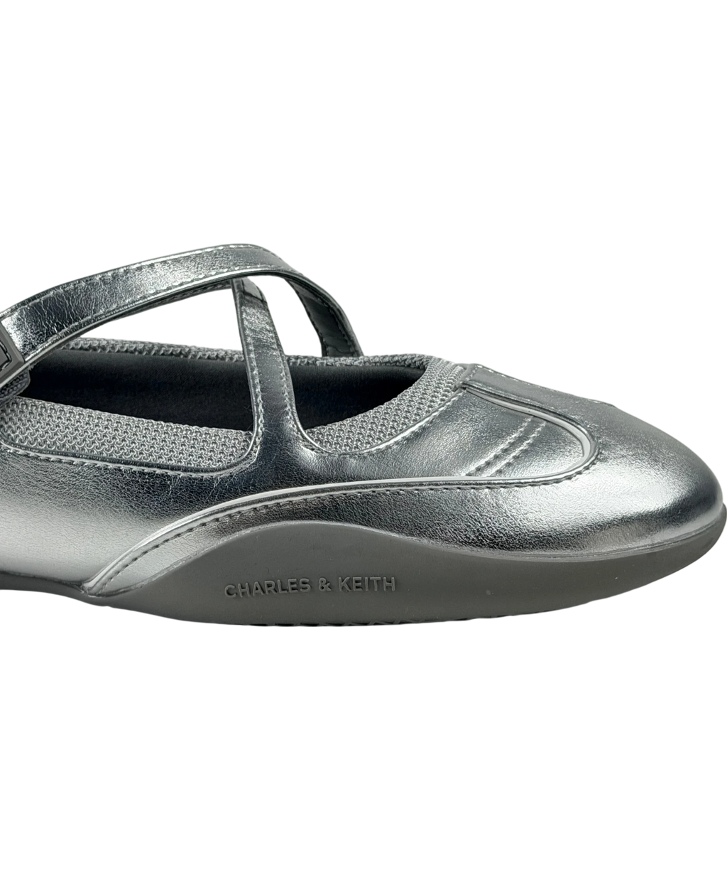 Charles & Keith Charles And Keith Mika Crossover Mary Jane Sneakers In Metallic Silver UK 4 EU 37